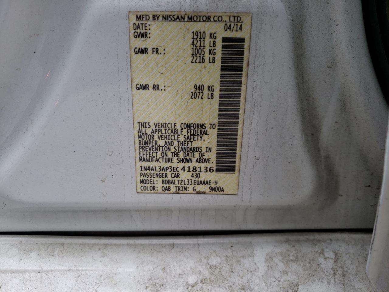 Photo 10 from auction – 2014 NISSAN ALTIMA with VIN 1N4AL3AP3EC418136