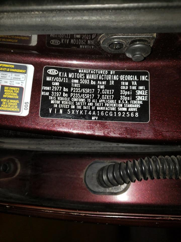 Photo 10 from auction – 2012 KIA SORENTO BA with VIN 5XYKT4A16CG192568