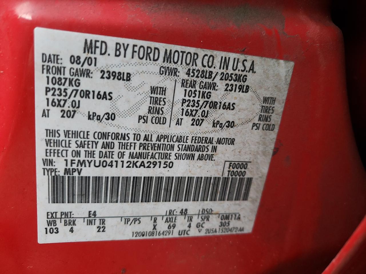 Photo 10 from auction – 2002 FORD ESCAPE XLT with VIN 1FMYU04112KA29150