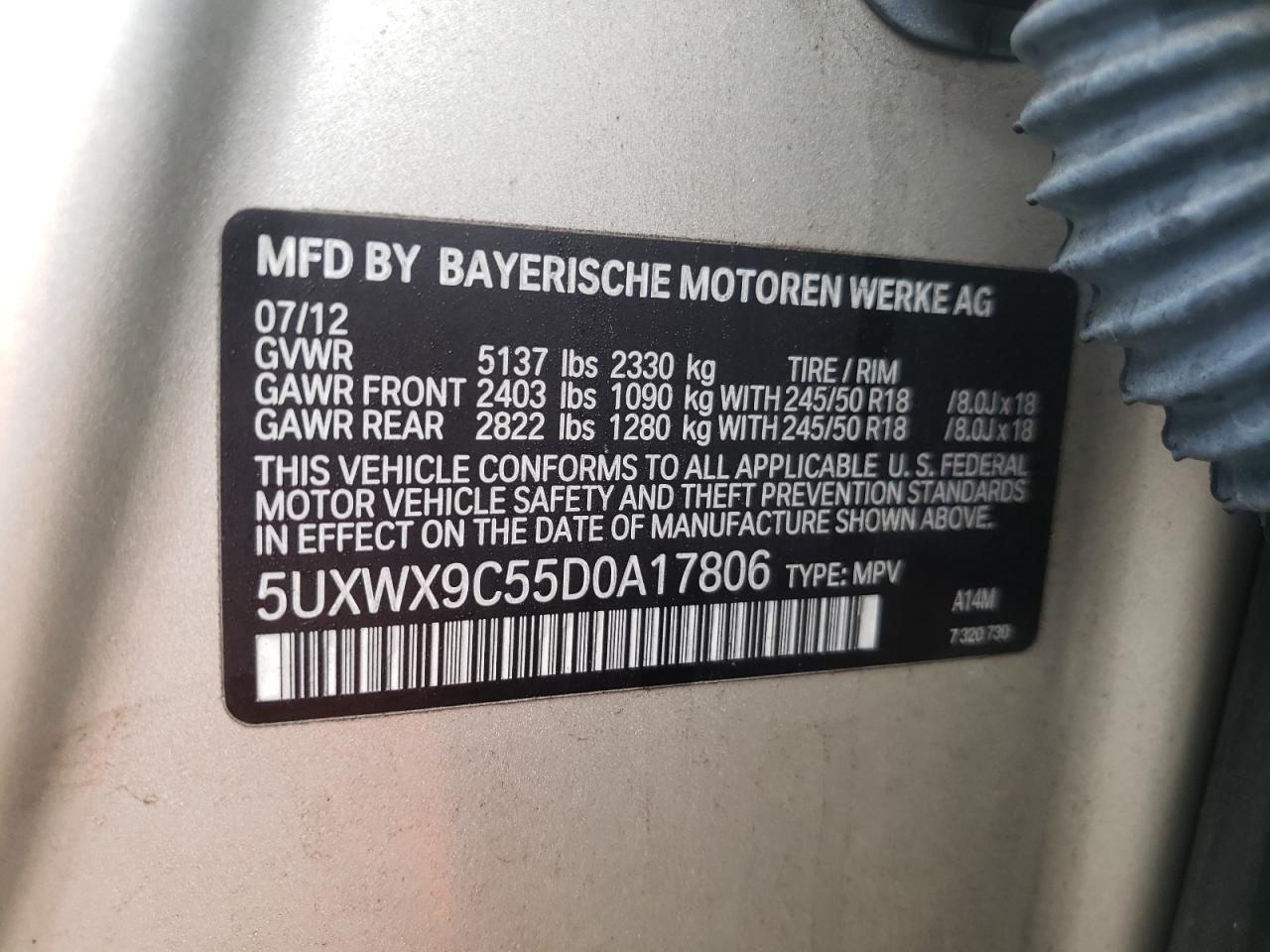 Photo 10 from auction – 2013 BMW X3 XDRIVE2 with VIN 5UXWX9C55D0A17806