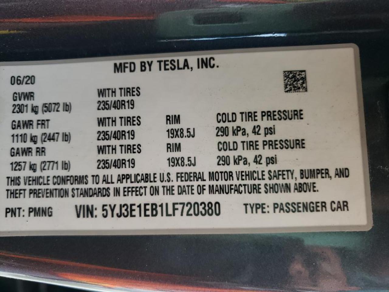 Photo 10 from auction – 2020 TESLA MODEL 3 with VIN 5YJ3E1EB1LF720380