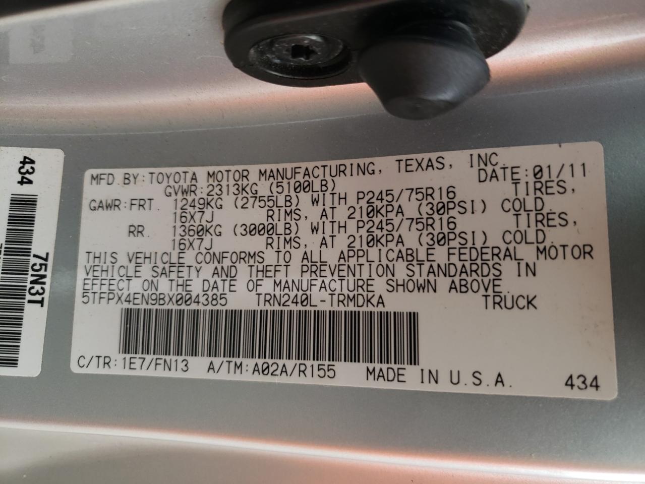 Photo 10 from auction – 2011 TOYOTA TACOMA with VIN 5TFPX4EN9BX004385