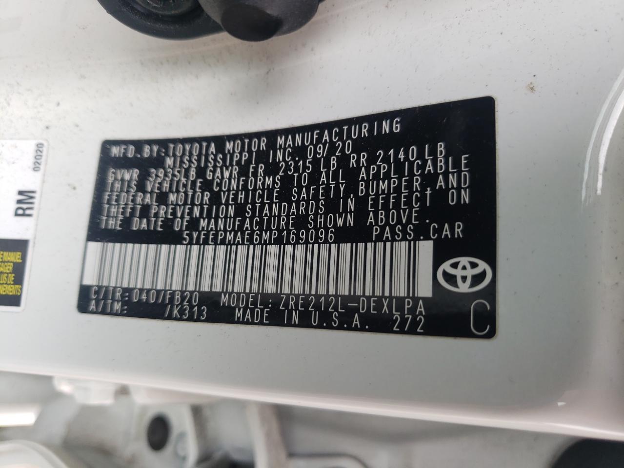 Photo 10 from auction – 2021 TOYOTA COROLLA LE with VIN 5YFEPMAE6MP169096
