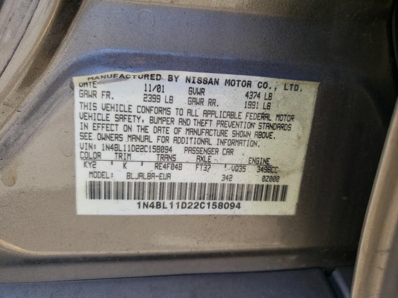Photo 10 from auction – 2002 NISSAN ALTIMA SE with VIN 1N4BL11D22C158094