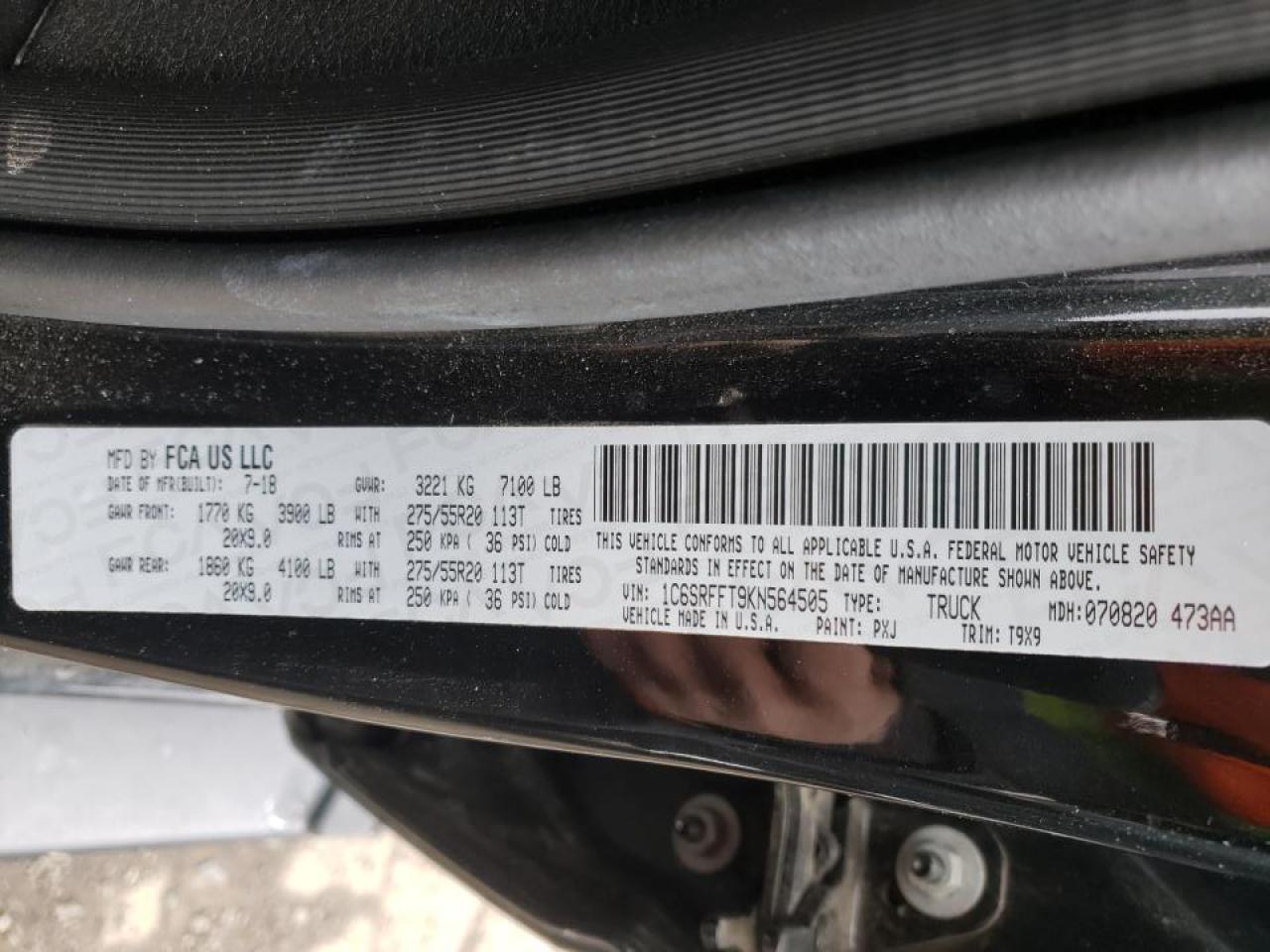 Photo 10 from auction – 2019 RAM 1500 BIG H with VIN 1C6SRFFT9KN564505