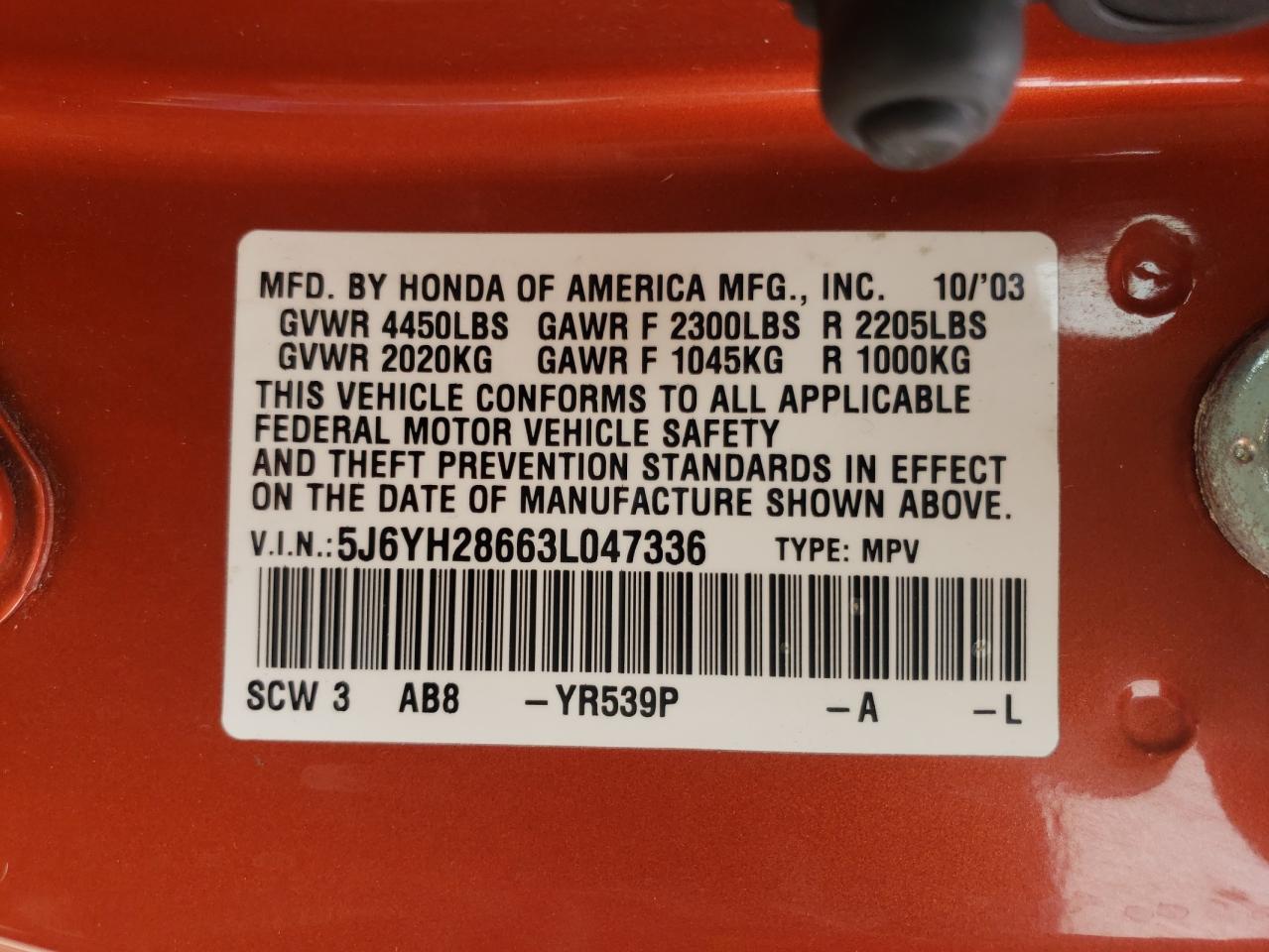 Photo 10 from auction – 2003 HONDA ELEMENT EX with VIN 5J6YH28663L047336