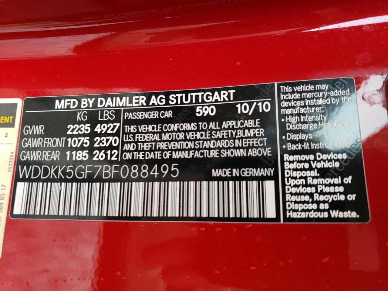 Photo 10 from auction – 2011 MERCEDES-BENZ E 350 with VIN WDDKK5GF7BF088495