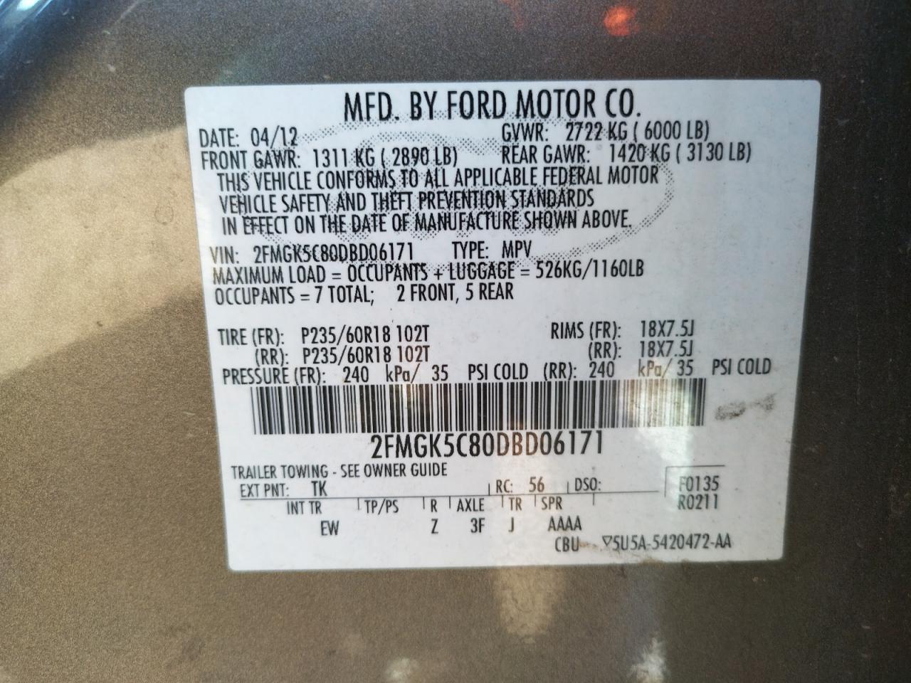 Photo 10 from auction – 2013 FORD FLEX SEL with VIN 2FMGK5C80DBD06171
