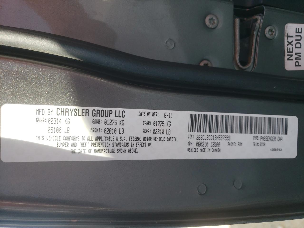 Photo 10 from auction – 2011 DODGE CHARGER with VIN 2B3CL3CG1BH597559