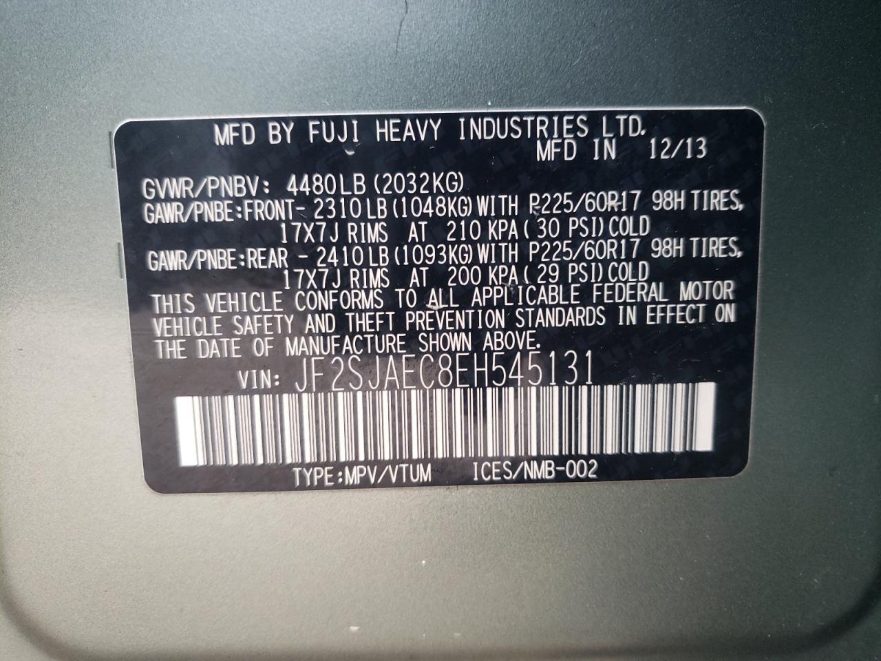Photo 10 from auction – 2014 SUBARU FORESTER 2 with VIN JF2SJAEC8EH545131
