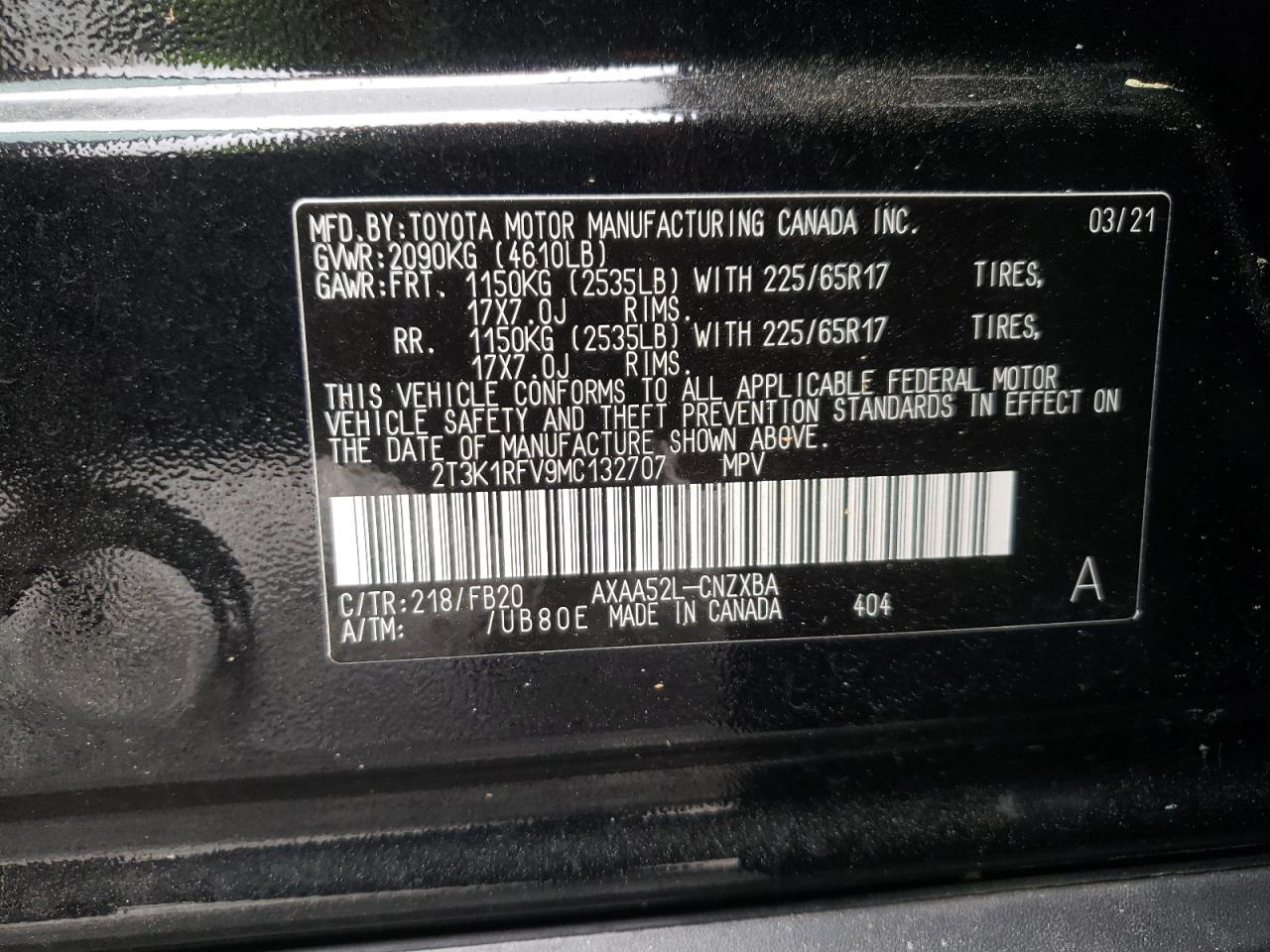 Photo 10 from auction – 2021 TOYOTA RAV4 LE with VIN 2T3K1RFV9MC132707