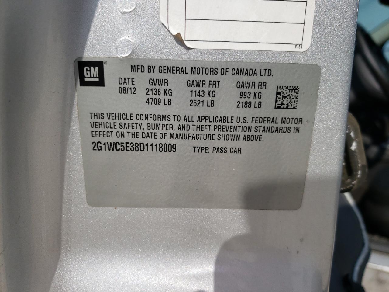 Photo 10 from auction – 2013 CHEVROLET IMPALA LTZ with VIN 2G1WC5E38D1118009