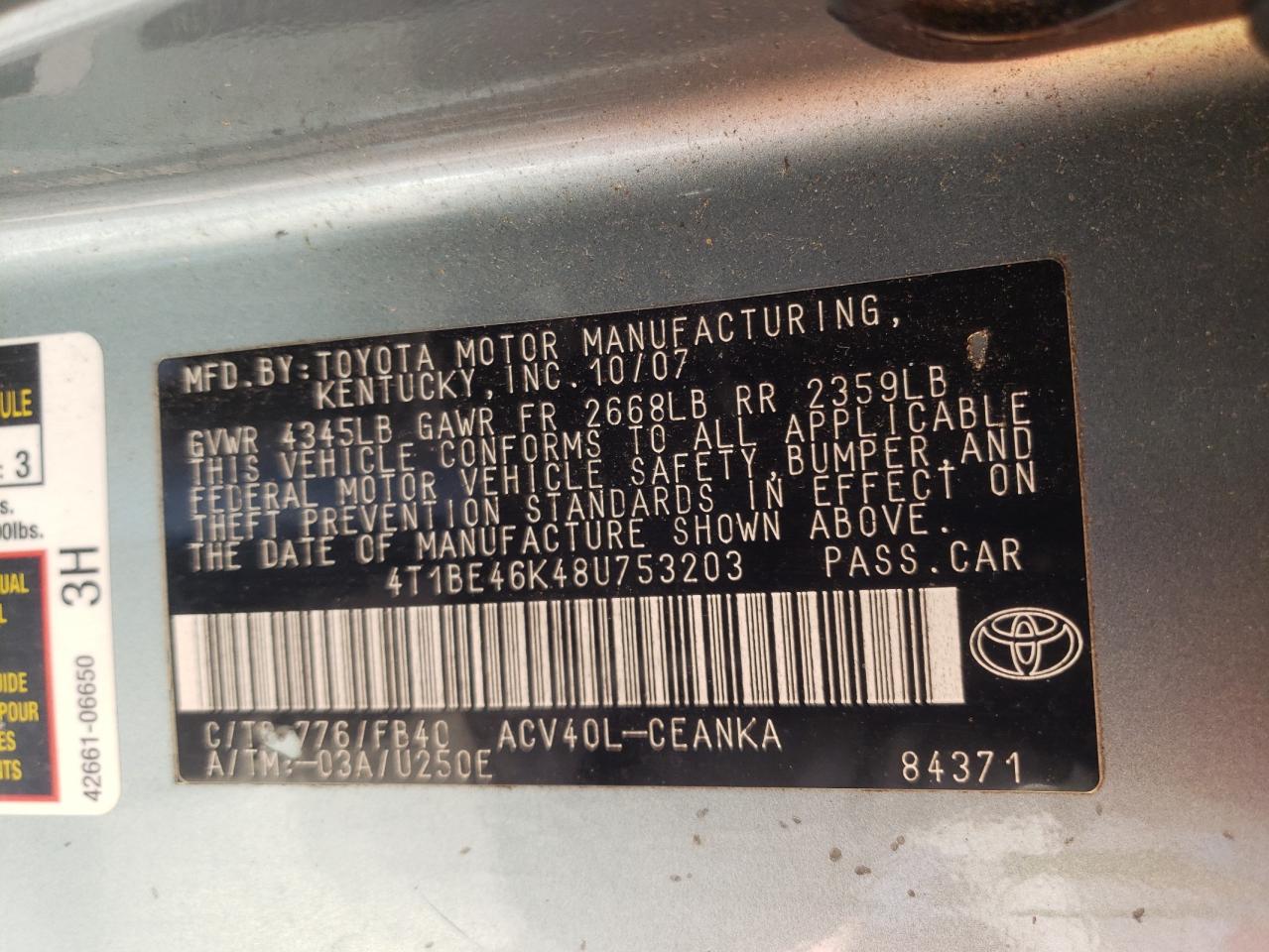 Photo 10 from auction – 2008 TOYOTA CAMRY CE with VIN 4T1BE46K48U753203