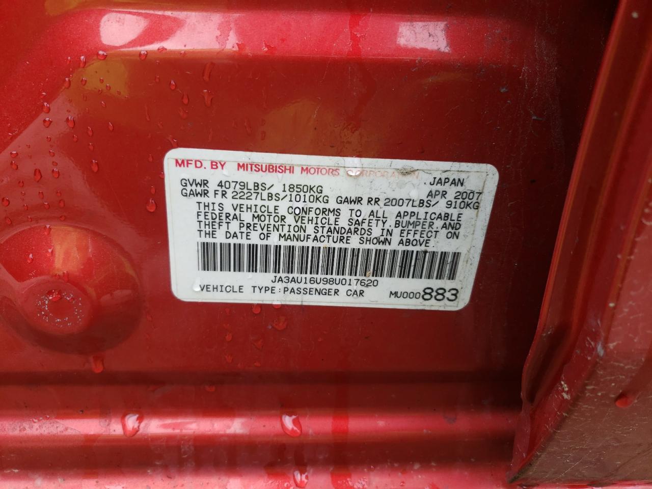 Photo 10 from auction – 2008 MITSUBISHI LANCER DE with VIN JA3AU16U98U017620