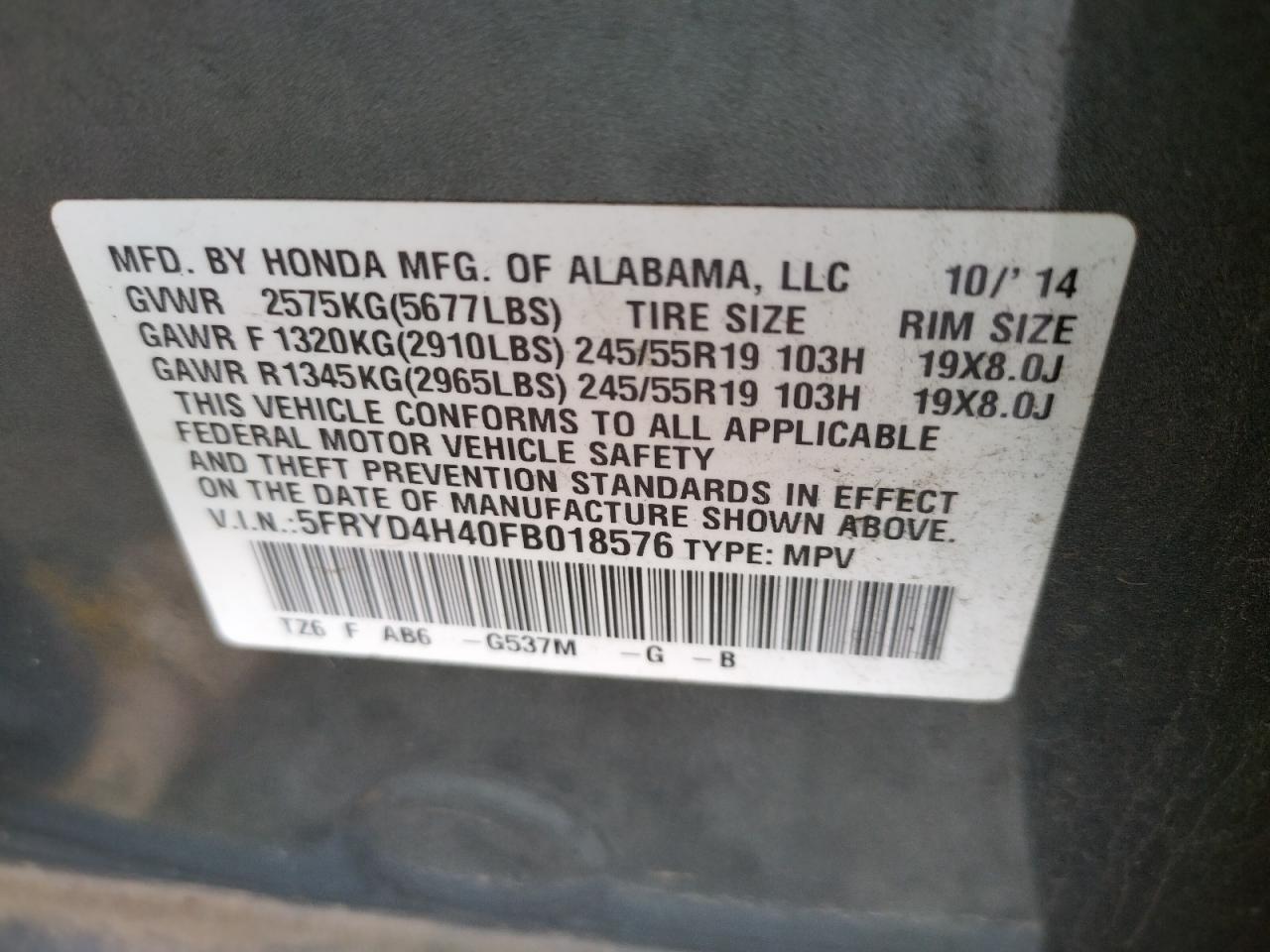 Photo 10 from auction – 2015 ACURA MDX TECHNO with VIN 5FRYD4H40FB018576