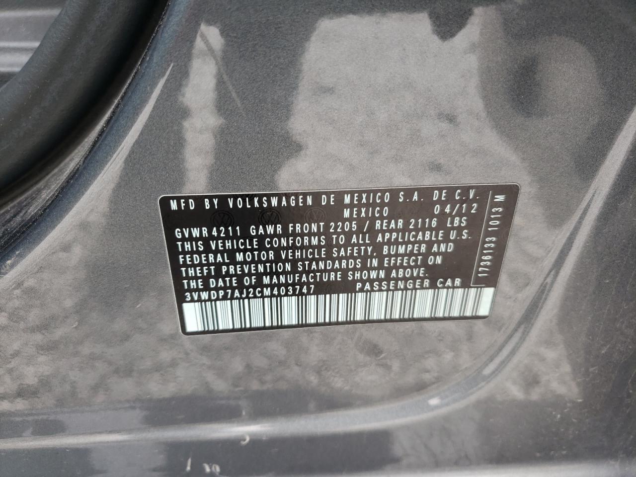 Photo 10 from auction – 2012 VOLKSWAGEN JETTA SE with VIN 3VWDP7AJ2CM403747