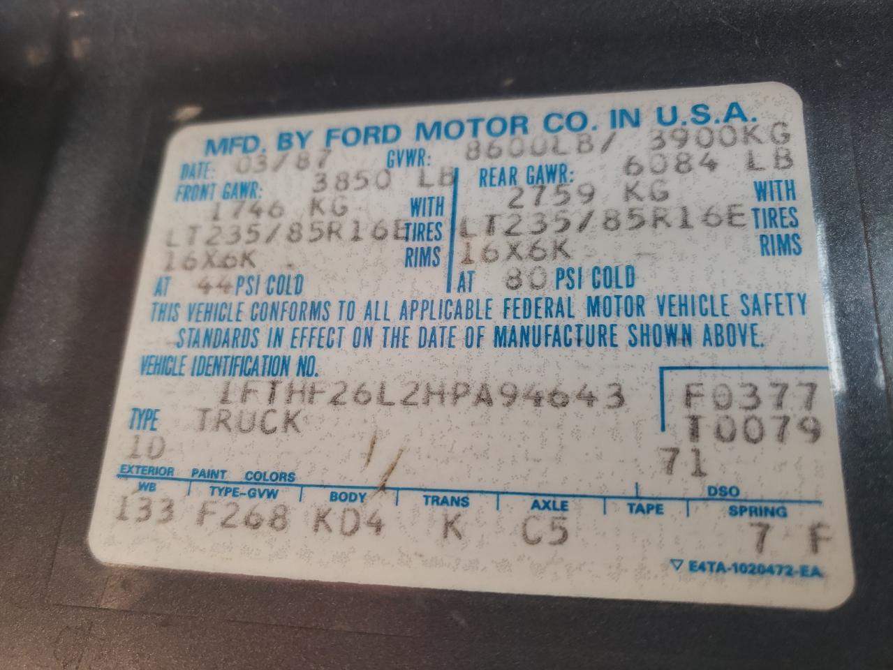 Photo 10 from auction – 1987 FORD F250 with VIN 1FTHF26L2HPA94643