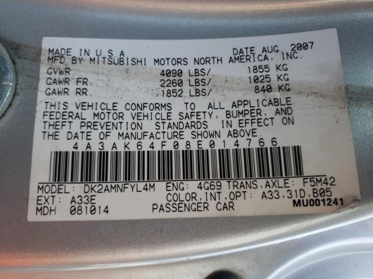 Photo 10 from auction – 2008 MITSUBISHI ECLIPSE SE with VIN 4A3AK64F08E014766