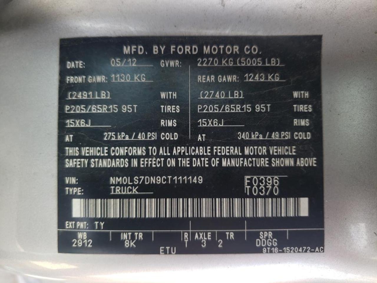 Photo 10 from auction – 2012 FORD TRANSIT CO with VIN NM0LS7DN9CT111149