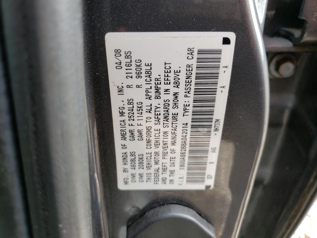 Photo 10 from auction – 2008 ACURA TL with VIN 19UUA66288A042014