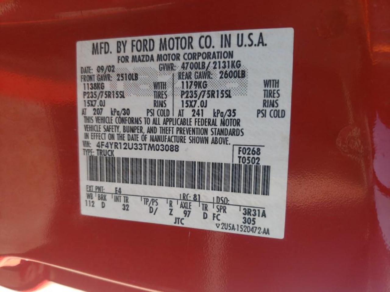 Photo 10 from auction – 2003 MAZDA B3000 with VIN 4F4YR12U33TM03088