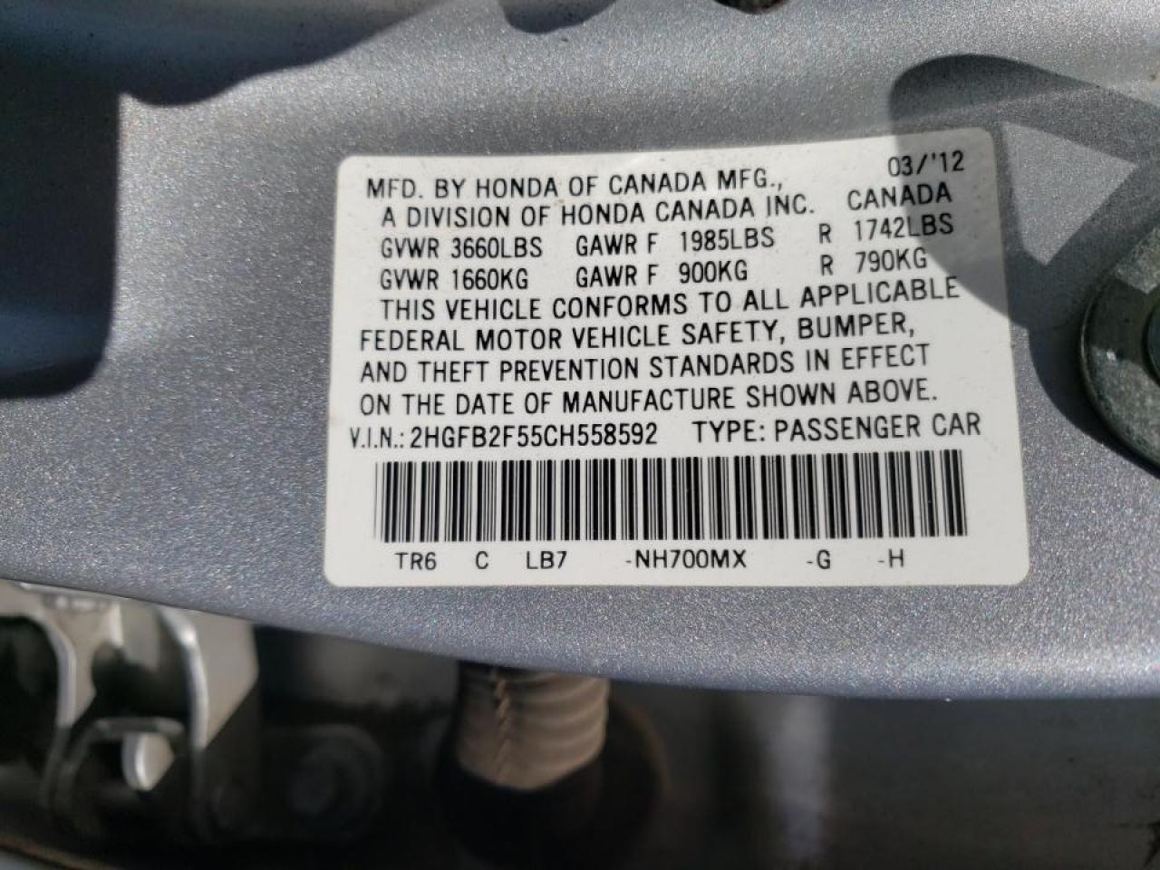 Photo 10 from auction – 2012 HONDA CIVIC LX with VIN 2HGFB2F55CH558592