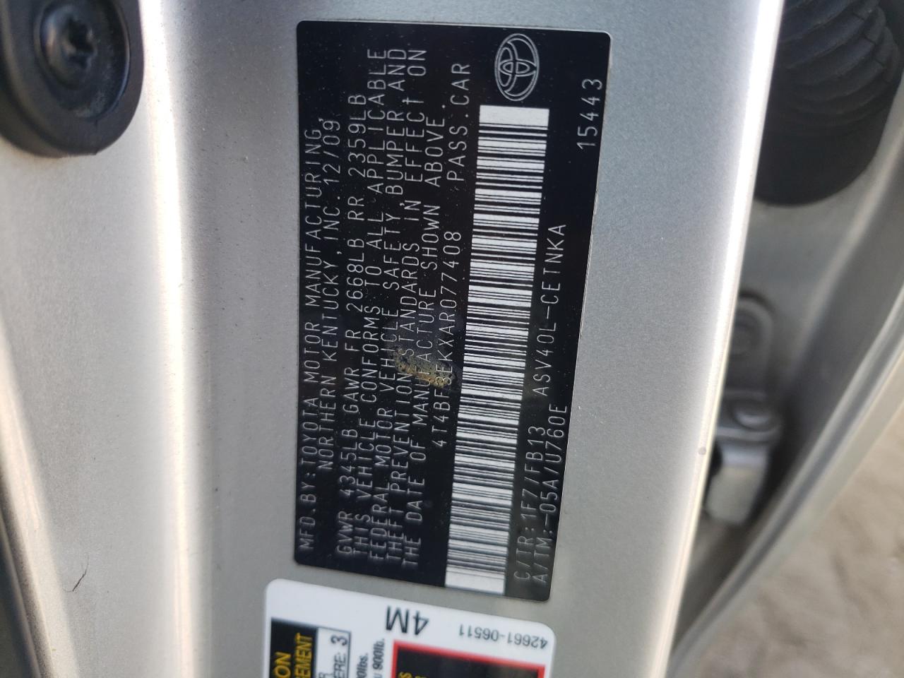 Photo 10 from auction – 2010 TOYOTA CAMRY BASE with VIN 4T4BF3EKXAR077408