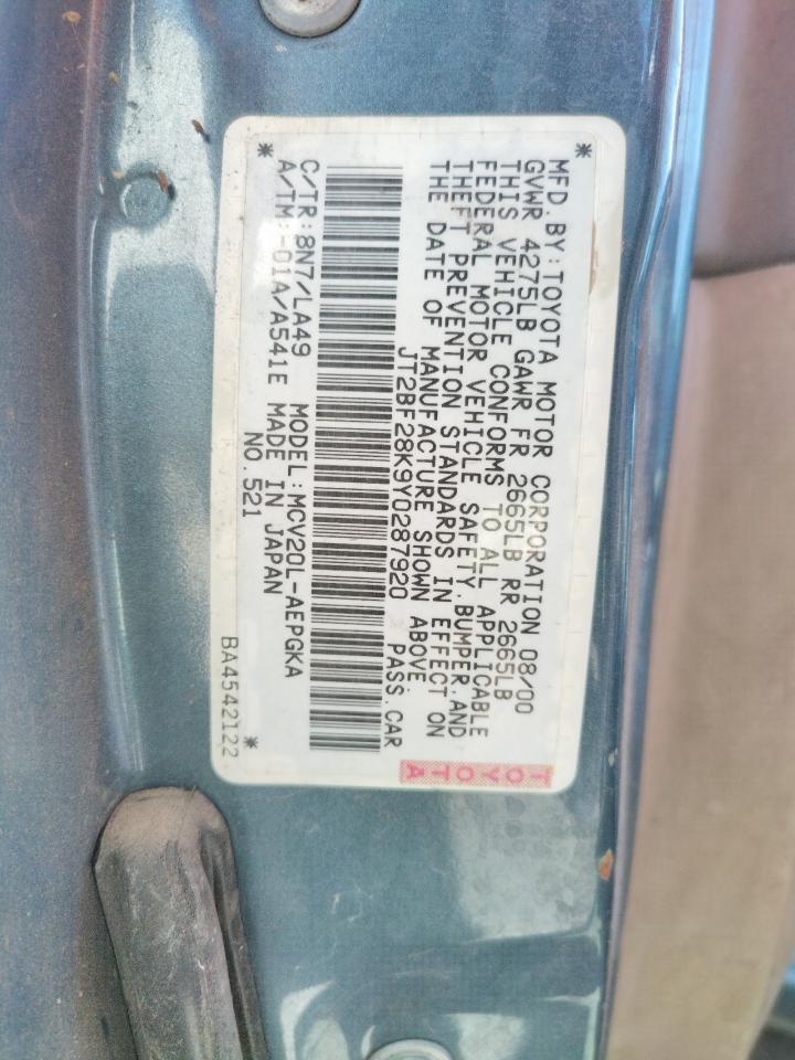 Photo 10 from auction – 2000 TOYOTA CAMRY LE with VIN JT2BF28K9Y0287920