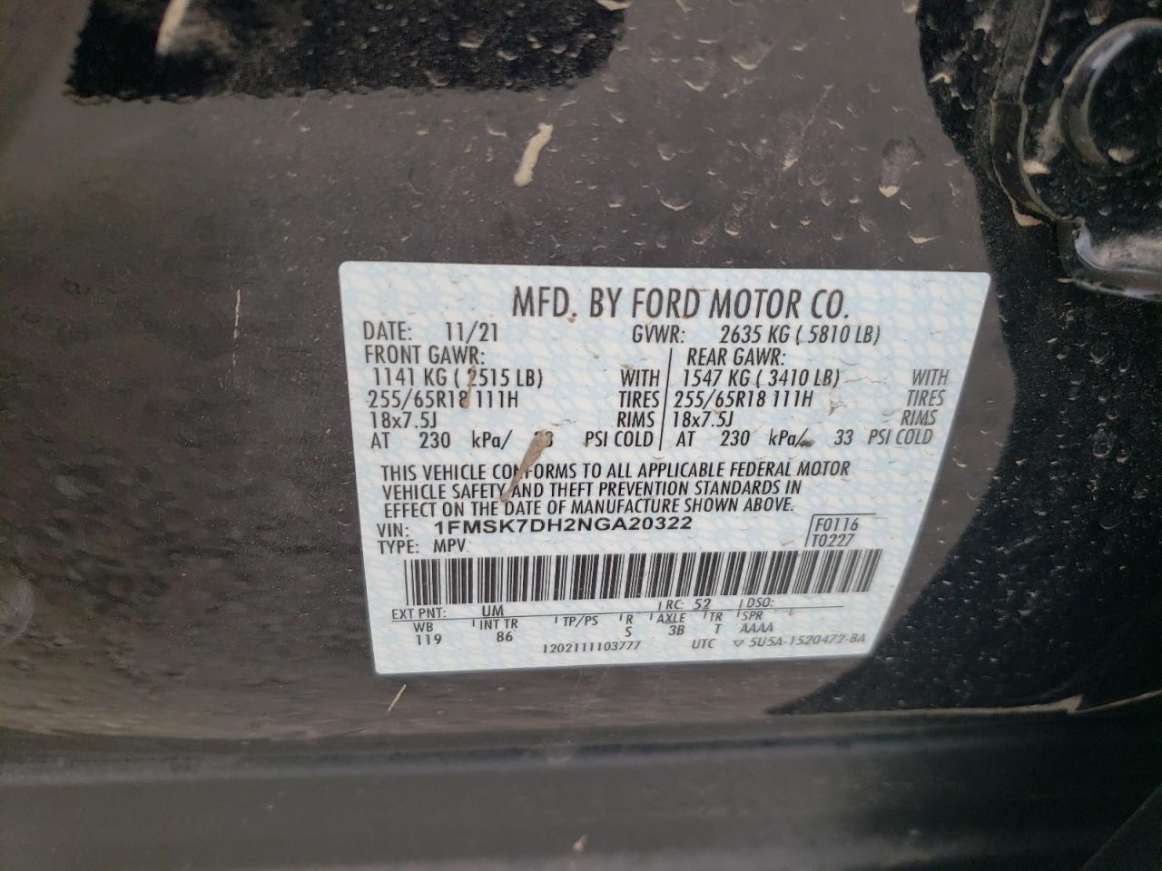 Photo 10 from auction – 2022 FORD EXPLORER X with VIN 1FMSK7DH2NGA20322