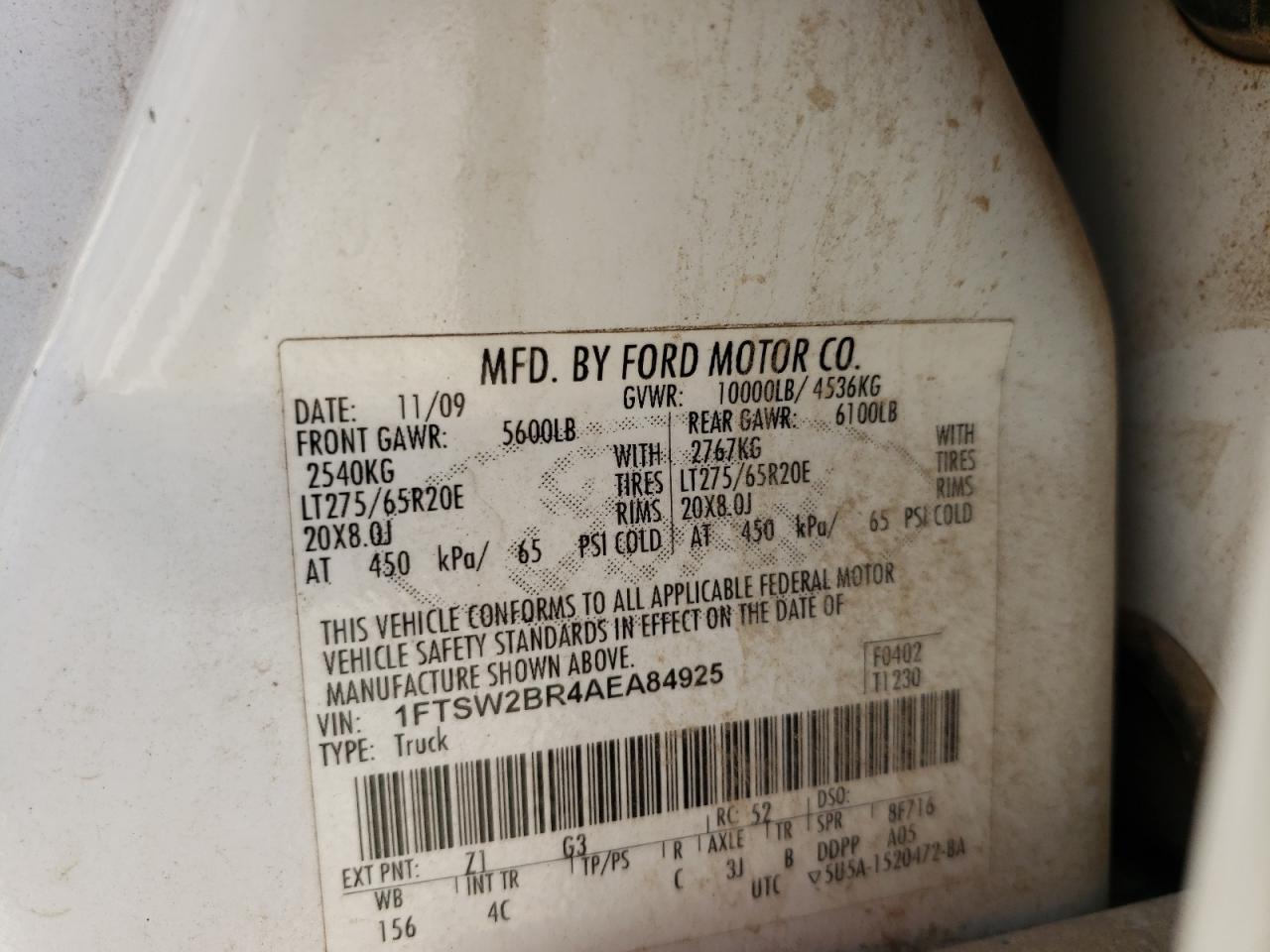 Photo 10 from auction – 2010 FORD F250 SUPER with VIN 1FTSW2BR4AEA84925