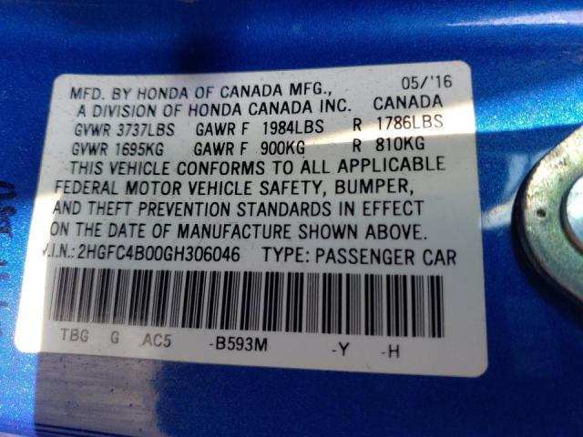 Photo 10 from auction – 2016 HONDA CIVIC LX with VIN 2HGFC4B00GH306046