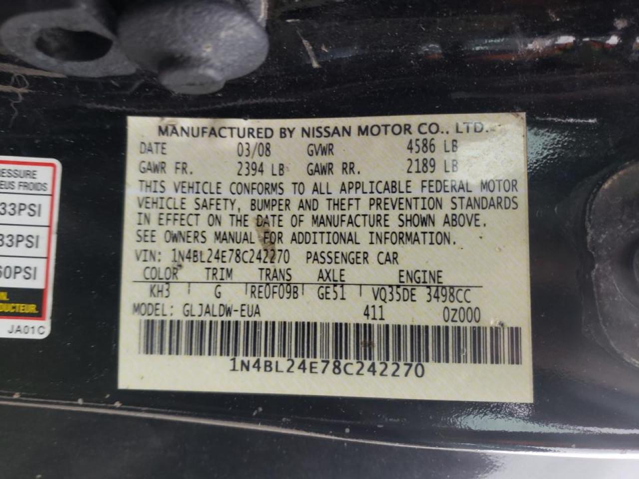 Photo 10 from auction – 2008 NISSAN ALTIMA with VIN 1N4BL24E78C242270