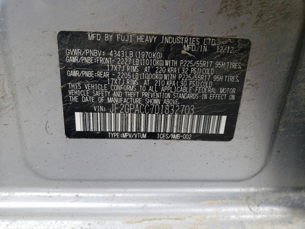 Photo 10 from auction – 2013 SUBARU CROSSTREK with VIN JF2GPACC7D1832703