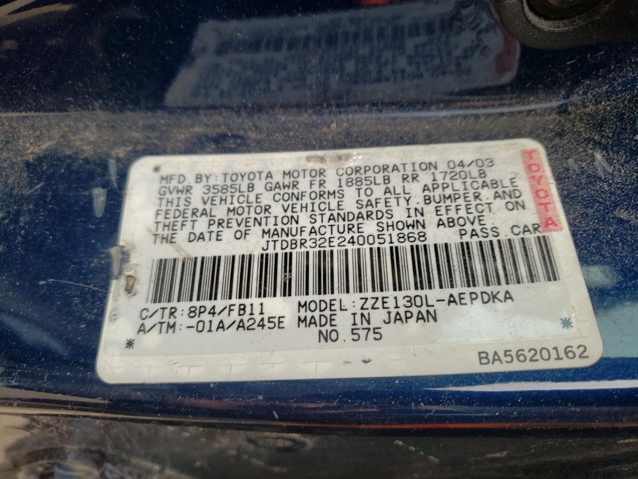 Photo 10 from auction – 2004 TOYOTA COROLLA CE with VIN JTDBR32E240051868