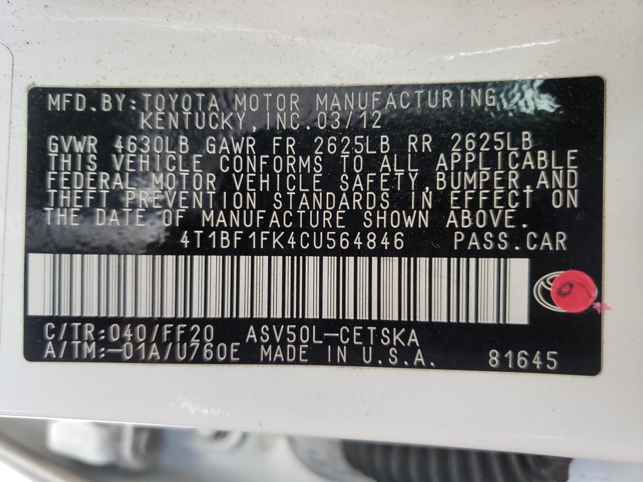 Photo 10 from auction – 2012 TOYOTA CAMRY BASE with VIN 4T1BF1FK4CU564846
