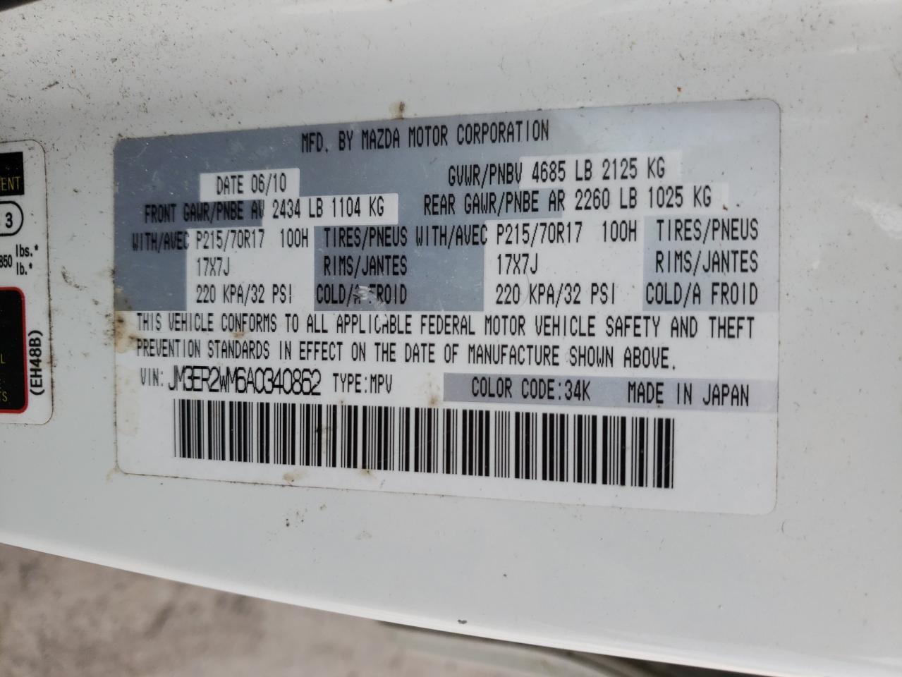 Photo 10 from auction – 2010 MAZDA CX-7 with VIN JM3ER2WM6A0340862