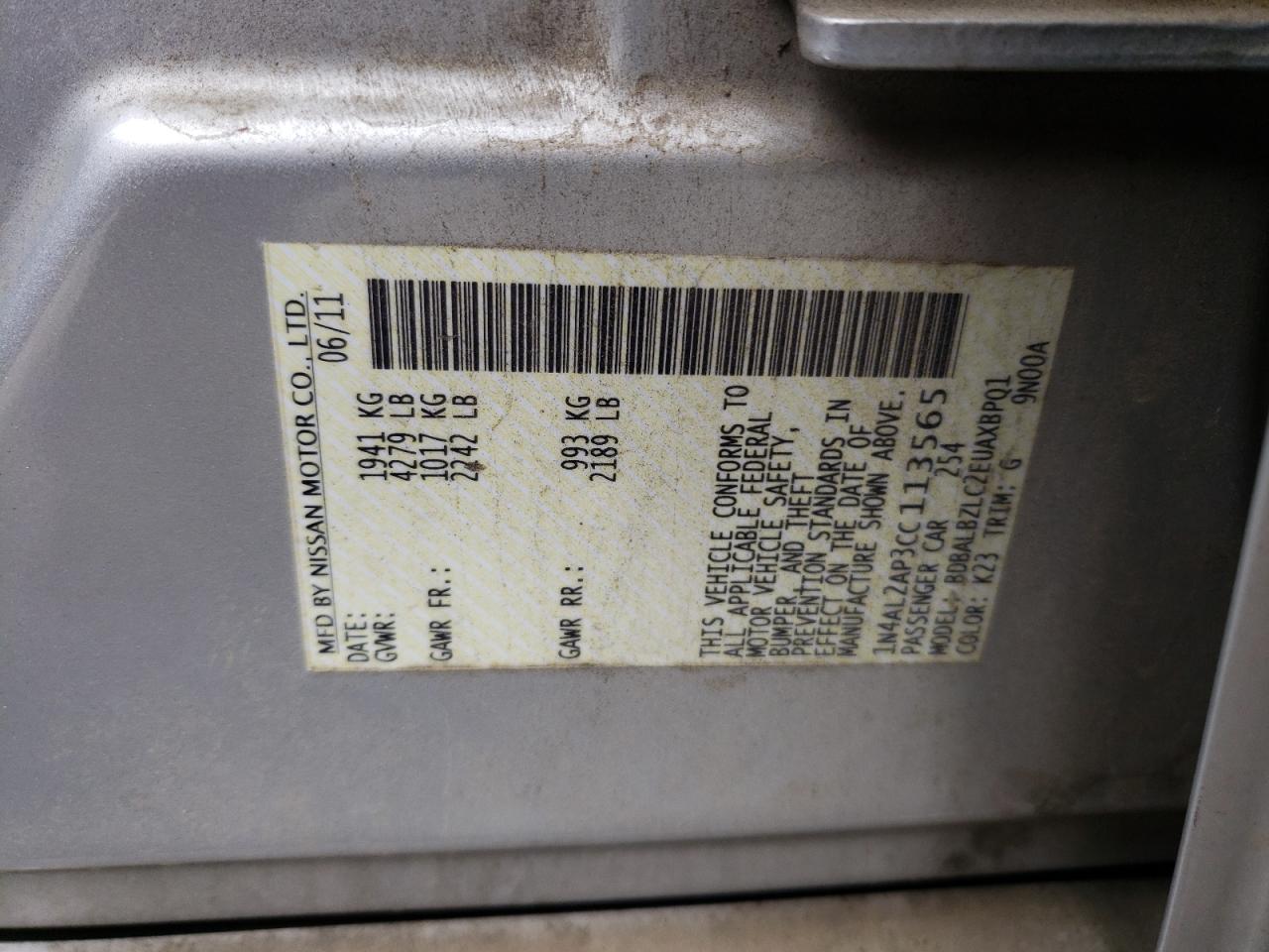Photo 10 from auction – 2012 NISSAN ALTIMA BAS with VIN 1N4AL2AP3CC113565