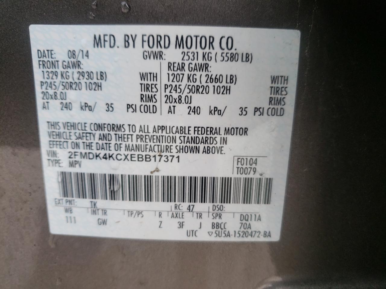 Photo 10 from auction – 2014 FORD EDGE LIMIT with VIN 2FMDK4KCXEBB17371