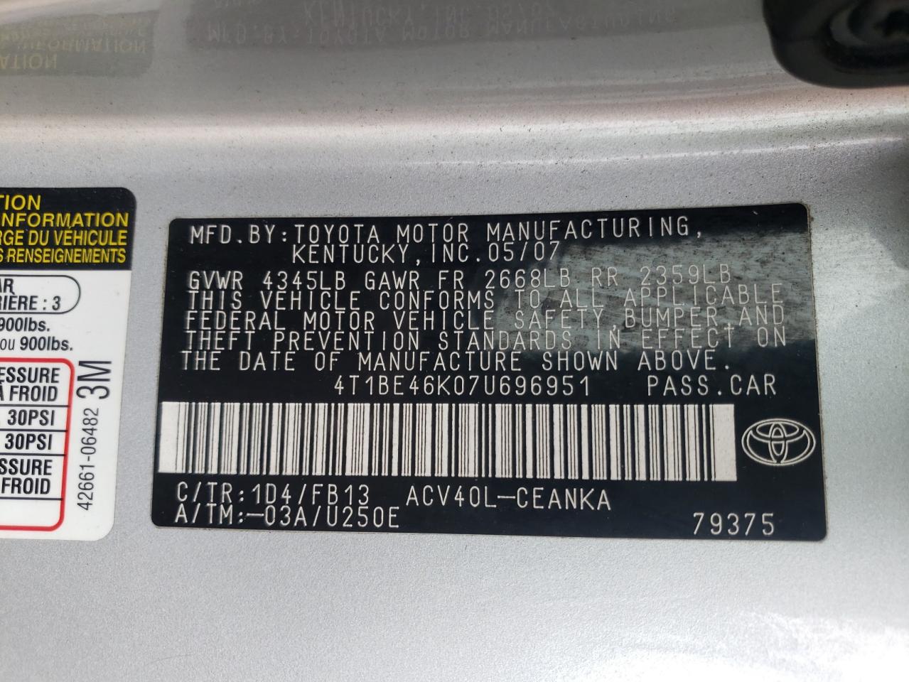 Photo 10 from auction – 2007 TOYOTA CAMRY CE with VIN 4T1BE46K07U696951