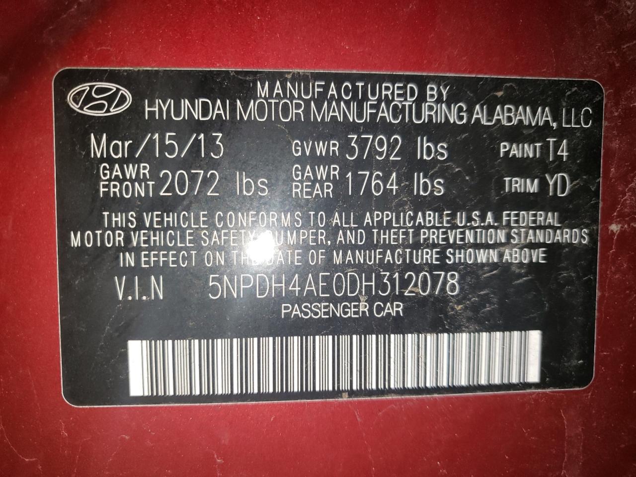 Photo 10 from auction – 2013 HYUNDAI ELANTRA with VIN 5NPDH4AE0DH312078