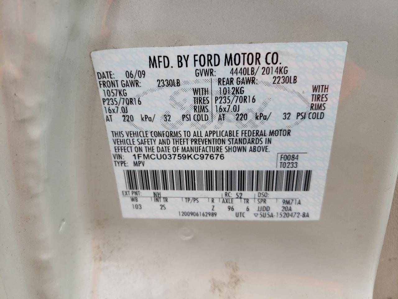 Photo 10 from auction – 2009 FORD ESCAPE with VIN 1FMCU03759KC97676