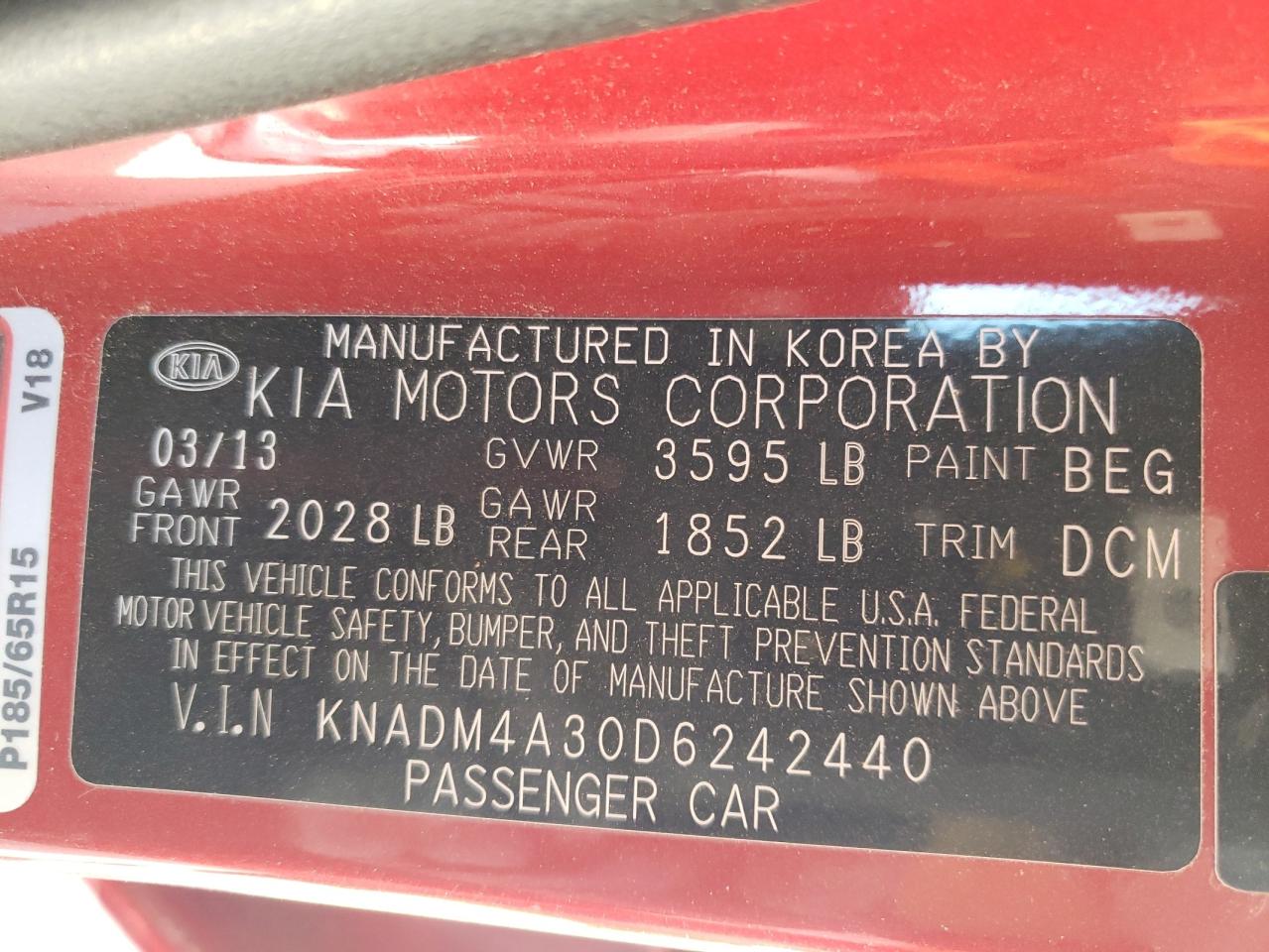 Photo 10 from auction – 2013 KIA RIO LX with VIN KNADM4A30D6242440