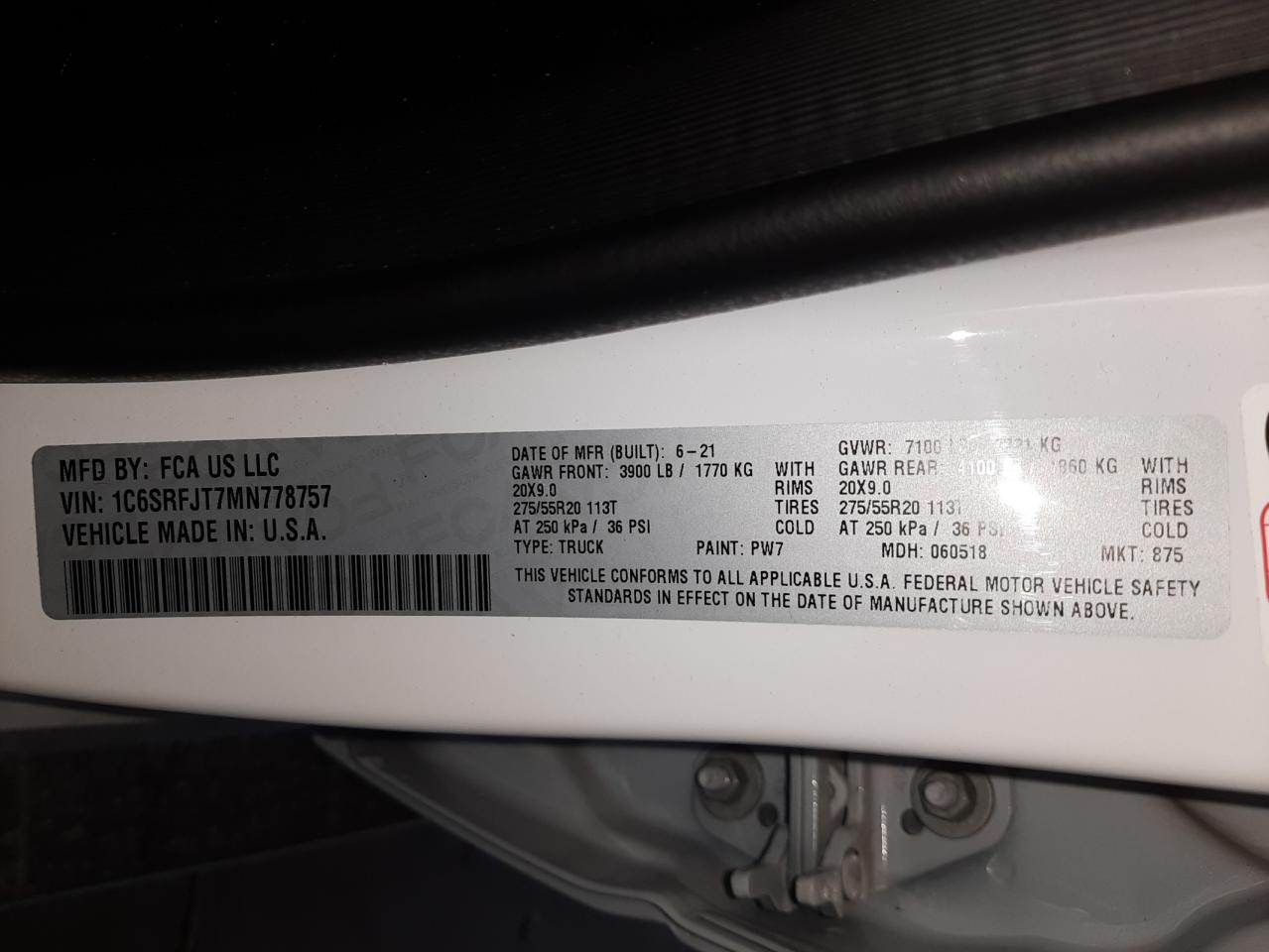 Photo 11 from auction – 2021 RAM 1500 LARAM with VIN 1C6SRFJT7MN778757