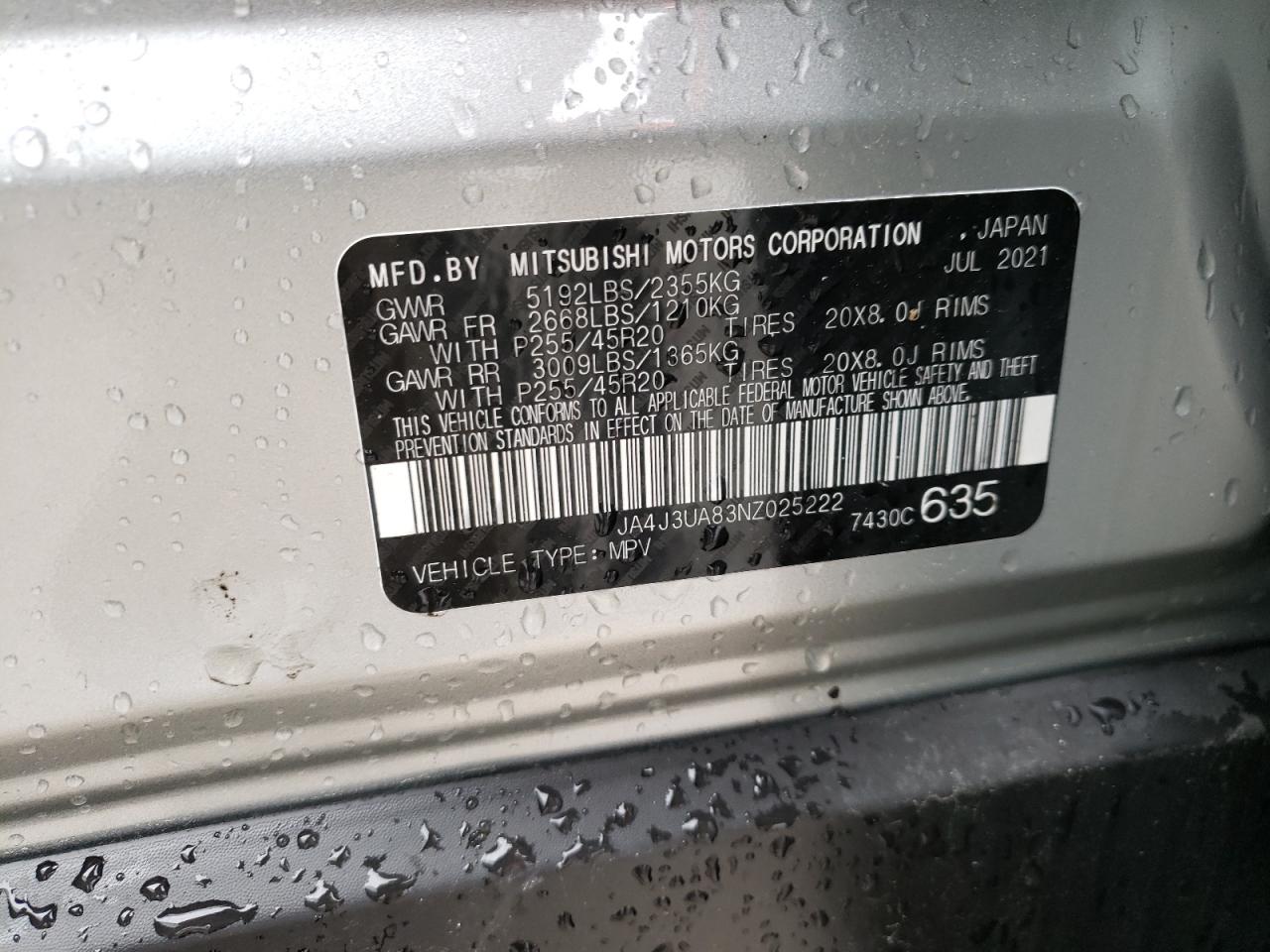 Photo 10 from auction – 2022 MITSUBISHI OUTLANDER with VIN JA4J3UA83NZ025222