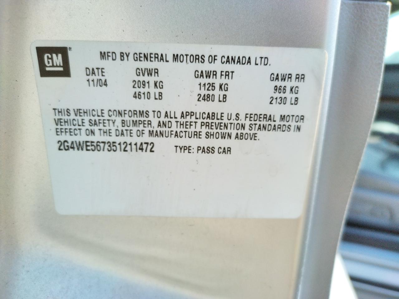 Photo 10 from auction – 2005 BUICK LACROSSE C with VIN 2G4WE567351211472
