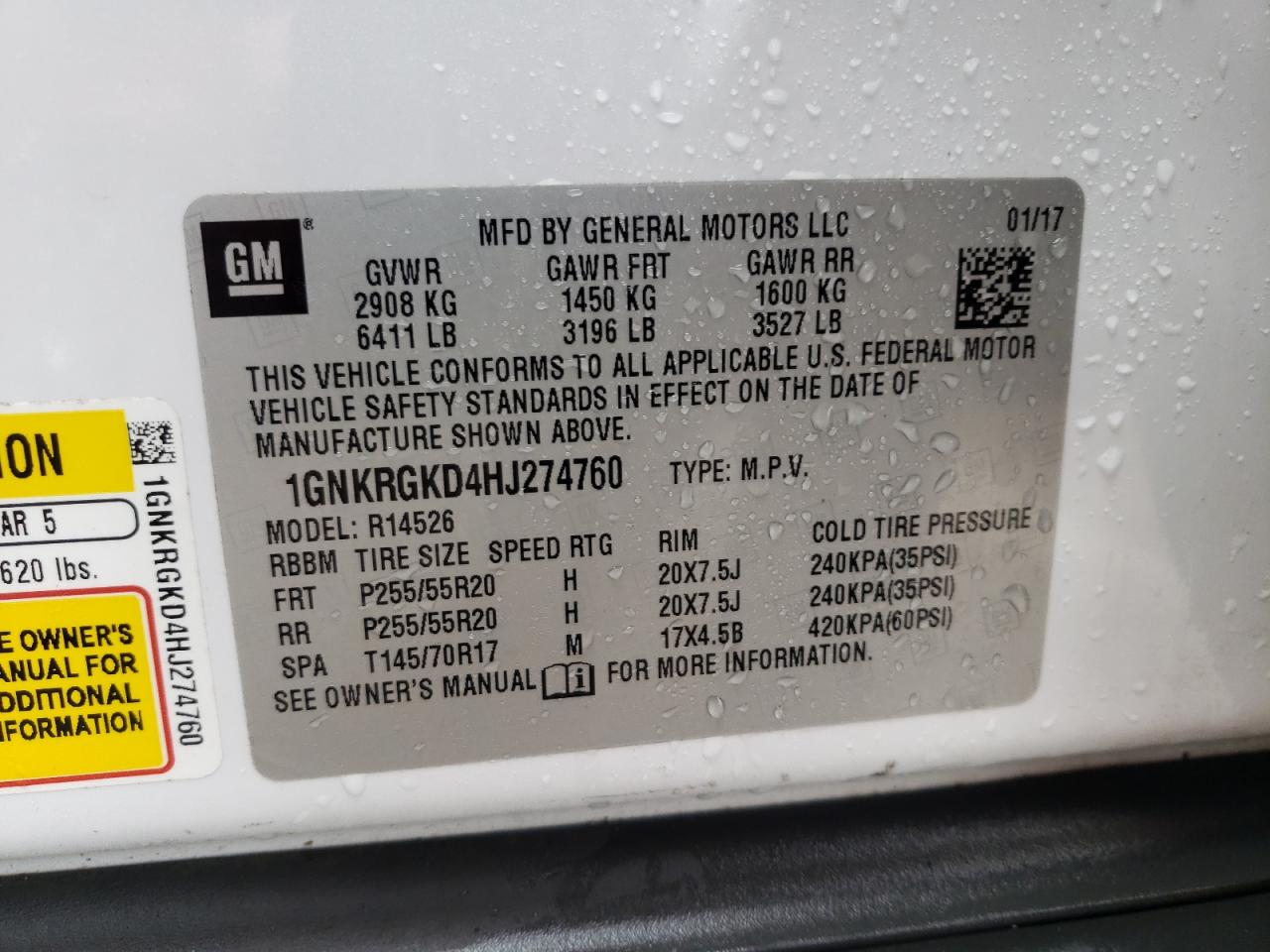 Photo 10 from auction – 2017 CHEVROLET TRAVERSE L with VIN 1GNKRGKD4HJ274760