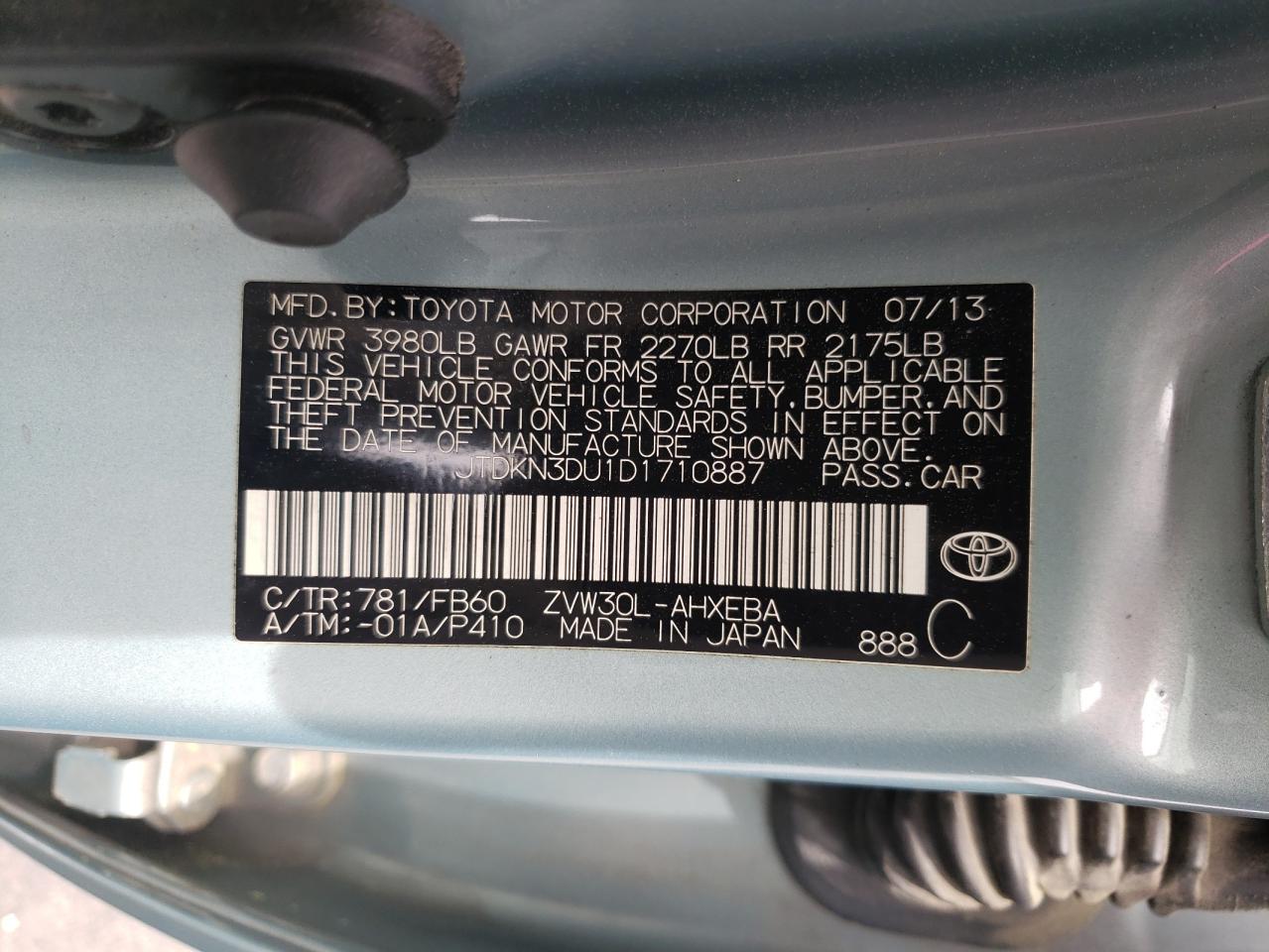 Photo 10 from auction – 2013 TOYOTA PRIUS with VIN JTDKN3DU1D1710887