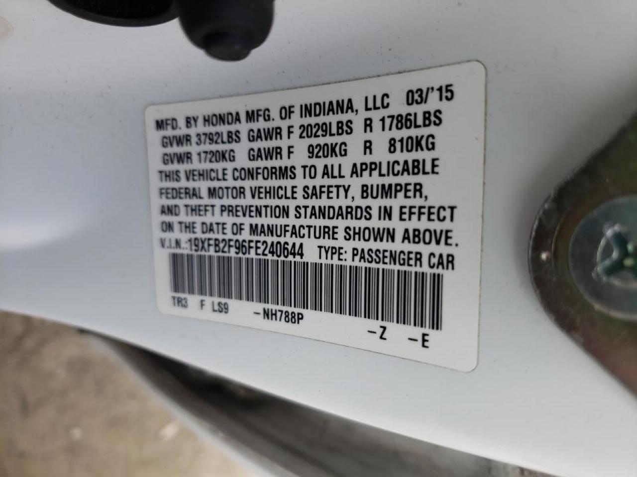 Photo 10 from auction – 2015 HONDA CIVIC EXL with VIN 19XFB2F96FE240644