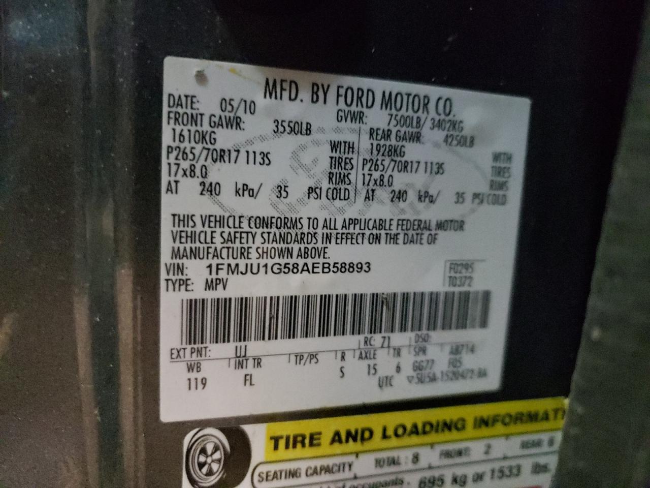 Photo 10 from auction – 2010 FORD EXPEDITION with VIN 1FMJU1G58AEB58893