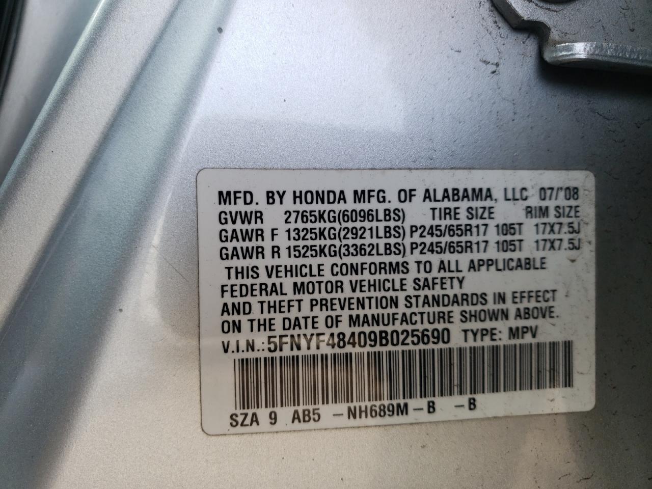 Photo 10 from auction – 2009 HONDA PILOT EX with VIN 5FNYF48409B025690